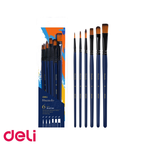 Birotica papetarie - Set 6 pensule profesionale Deli, varfuri rotunde si tesite (4, 6, 8), corp din lemn, par nailon, pentru desen si pictura