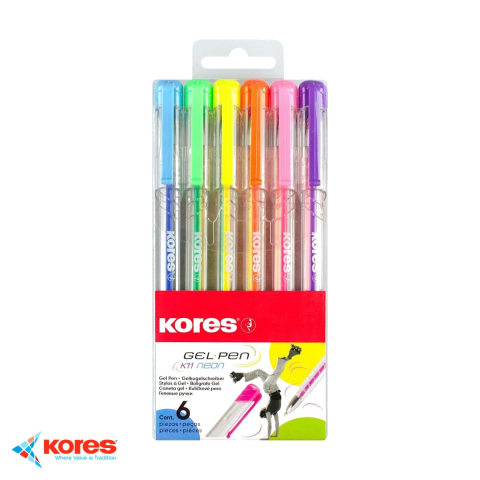 Birotica papetarie - Set 6 pixuri cu gel Kores K11, culori neon, varf 0.4mm, forma ergonomica triunghiulara
