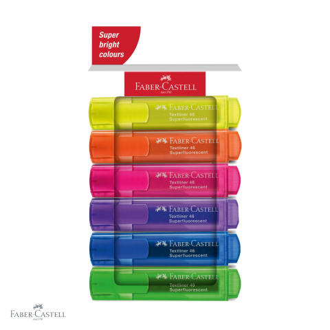 Markere - Set 6 textmarkere superfluorescente Faber-Castell, varf tesit, cerneala pe baza de apa, pentru evidentiat text