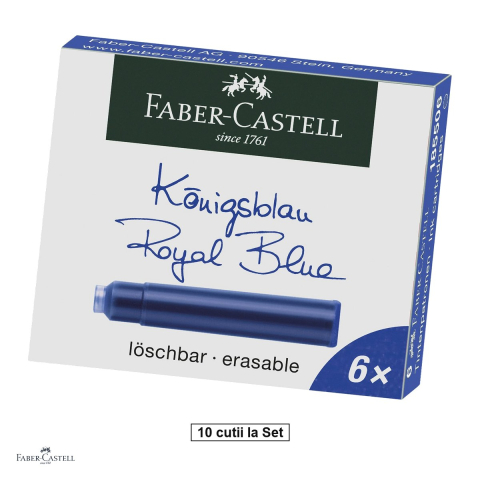 Cerneala si Consumabile pentru Stilouri - Set 60 cartuse standard Faber-Castell cu cerneala albastru regal care se poate sterge, 10 cutii, pentru stilouri