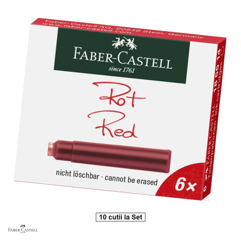 Birotica papetarie - Set 60 cartuse standard Faber-Castell cu cerneala rosie permanenta, 10 cutii, pentru stilouri