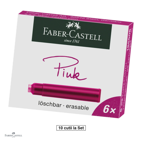 Birotica papetarie - Set 60 cartuse standard Faber-Castell cu cerneala roz care se poate sterge, 10 cutii, pentru stilouri