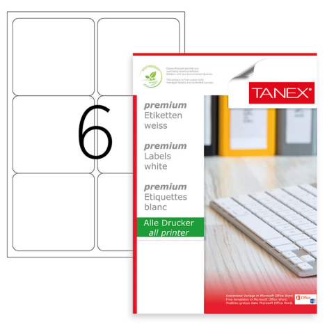 Hartie - Set 600 etichete autoadezive 99.1 x 93.1 mm, albe, colturi rotunde, 100 coli format A4, Tanex TW-2006, sase etichete pe coala, pentru imprimante laser si inkjet