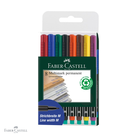 Markere - Set 8 markere permanente Faber-Castell Multimark, varf mediu M 1.0 mm, pentru CD, sticla si metal