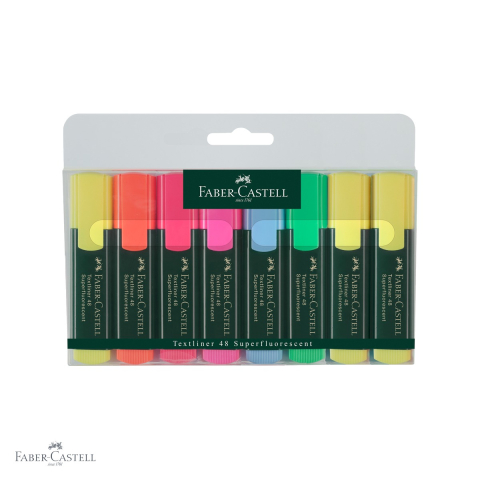 Markere - Set 8 textmarkere Faber-Castell 1548, varf tesit, cerneala pe baza de apa, pentru birou si studiu