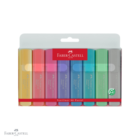 Markere - Set 8 textmarkere pastel Faber-Castell, varf tesit 3 grosimi, cerneala pe baza de apa