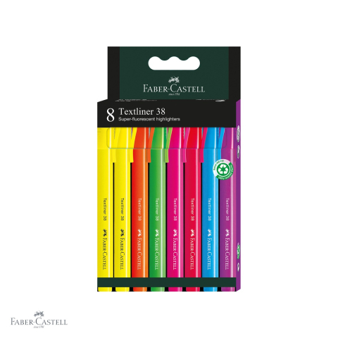 Markere - Set 8 textmarkere superfluorescente Faber-Castell 38, varf tesit, 2 grosimi de scriere, pentru birou si scoala