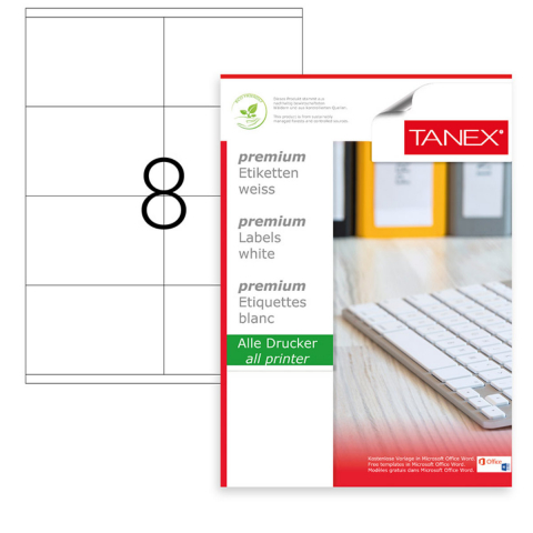 Hartie - Set 800 etichete autoadezive A4, 100 coli, 8 etichete/coala, 105x70 mm, albe, colturi drepte, pentru imprimante laser si inkjet, Tanex TW-2208