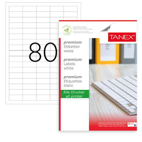 Hartie - Set 8000 etichete autoadezive A4, 100 coli, 80 etichete/coala, 37x14.25 mm, albe, colturi drepte, pentru imprimante laser si inkjet, Tanex TW-2180