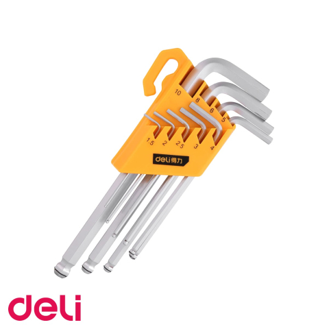 Unelte de mana - Set 9 chei imbus cap sferic Deli, otel crom vanadiu, dimensiuni 1.5-10 mm, cu suport organizator