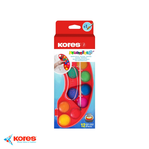 Birotica papetarie - Set acuarele Kores Akuarellos, 12 culori cu pensula inclusa, pastile 30 mm, pentru copii si scolari