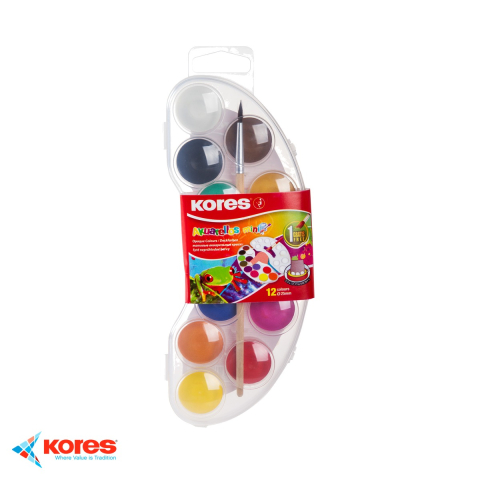 Birotica papetarie - Set acuarele Kores Akuarellos Mini, 12 culori cu pensula inclusa, pastile 25 mm, pentru copii si scolari