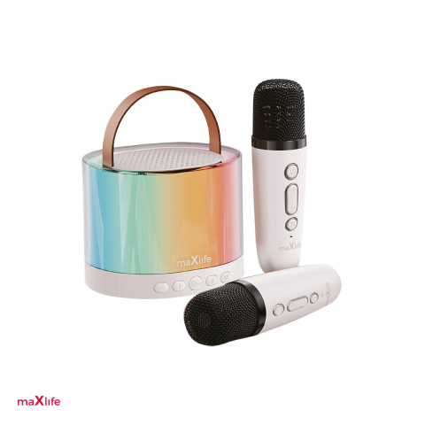Boxe bluetooth - Set Boxa si 2 microfoane karaoke, Maxlife MXKS-200 alb, bluetooth v.5.0, putere 5W, baterie li-polymer 1500 mAh, AUX IN jack 3.5mm, slot microSD, microfoanele wireless au butoane de control volum, 4 f
