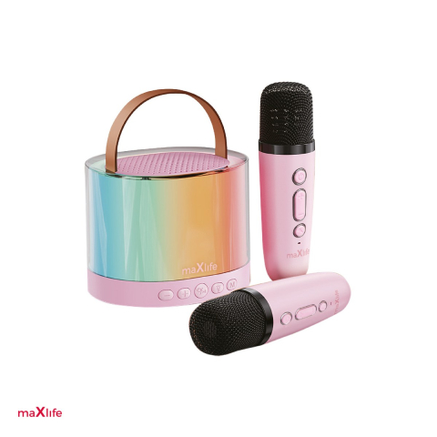 Boxe bluetooth - Set Boxa si 2 microfoane karaoke, Maxlife MXKS-200 roz, bluetooth v.5.0, putere 5W, baterie li-polymer 1500 mAh, AUX IN jack 3.5mm, slot microSD, microfoanele wireless au butoane de control volum, 4 f