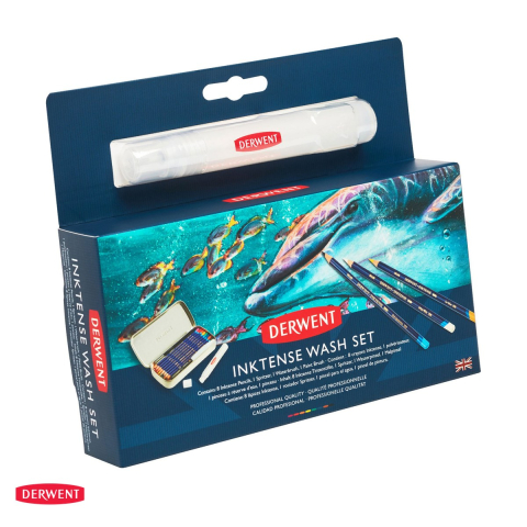 Creioane colorate si carioci - Set complet desen Derwent Inktense, 8 creioane acuarela si accesorii, in cutie metalica
