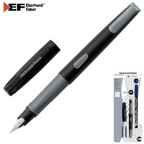 Instrumente de scris - Set Complet Stilou Scolar Eberhard Faber NXT Gri-Negru, 2 Cartuse Cerneala, Stergator (Pic) - Penita M, Grip Antiderapant, pentru Dreptaci si Stangaci