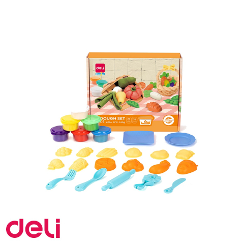 Birotica papetarie - Set creativ plastilina Deli, 6 culori cu 19 accesorii fructe si legume, pentru copii +3 ani