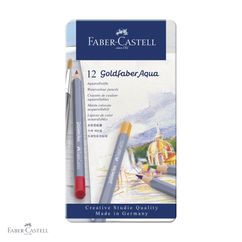 Creioane colorate - Set creioane colorate acuarela Faber-Castell Goldfaber Aqua, 12 culori, cutie metal, pentru tehnici mixte