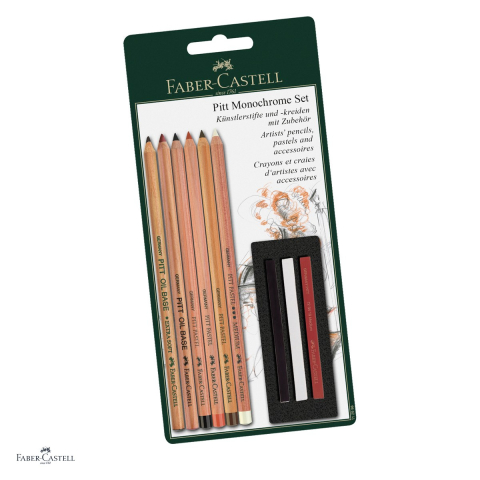 Birotica papetarie - Set creioane pentru desen Faber-Castell Pitt Monochrome, 9 piese, Pitt Oil Base si Pitt Pastel