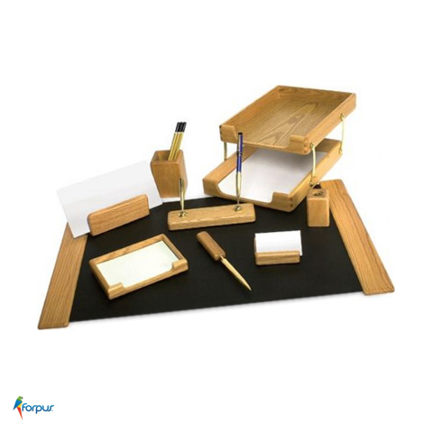 Seturi accesorii de birou - Set de birou Forpus din lemn, 10 piese, mapa 66x42 cm, stejar natur