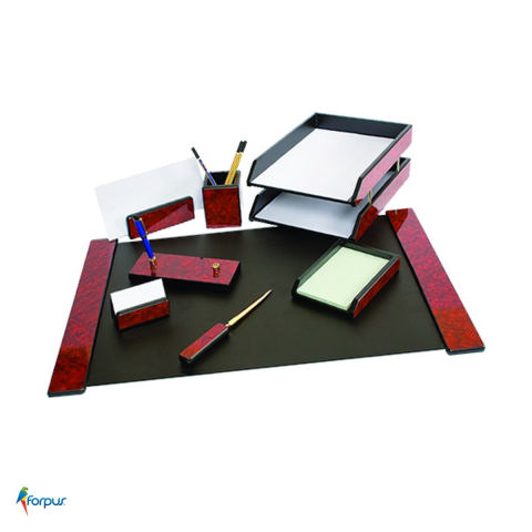 Seturi accesorii de birou - Set de birou Forpus din lemn, 8 piese, mapa 66x42 cm, mahon