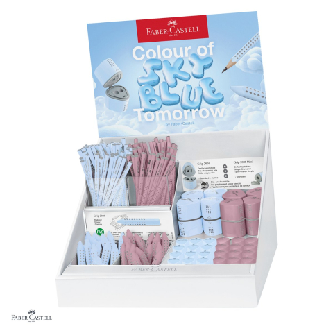 Instrumente de scris - Set Faber-Castell Grip Family 2026, display cu 120 creioane grafit, 8 ascutitori, 24 ascutitori mini Grip si 30 radiere, zona soft grip ergonomica