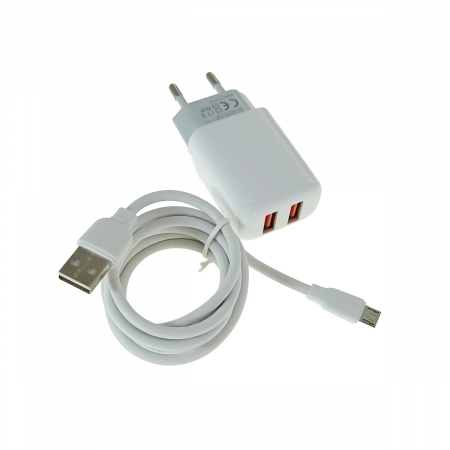 Incarcator priza retea - Set incarcator retea JELLICO EU02, 2.4A 12W, 2 X USB, cu cablu USB si conector microUSB tata, cu lungime 1m, alb