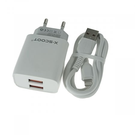 Incarcator priza retea - Set incarcator retea X-Scoot CH-236-L, 3.1A, 2 X USB, cablu USB si conector tip lightning tata, lungime 1m, alb