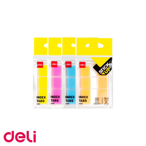 Notes, Post-it si cuburi de hartie - Set index adeziv plastic Deli cu dispenser, 2 dimensiuni si 4 culori, pentru organizare rapida documente
