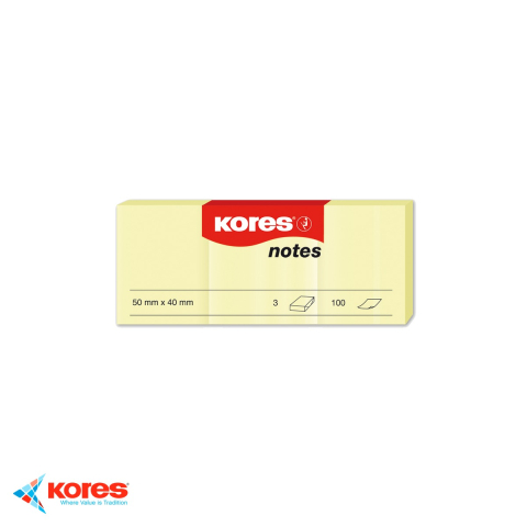 Birotica papetarie - Set notesuri adezive Kores, galben pal, 40x50 mm, 3x100 file, repozitionabile, pentru memento-uri si mesaje