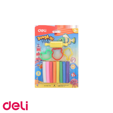 Birotica papetarie - Set plastilina Deli, 8 culori 100g cu forme de modelaj si roller, pentru copii