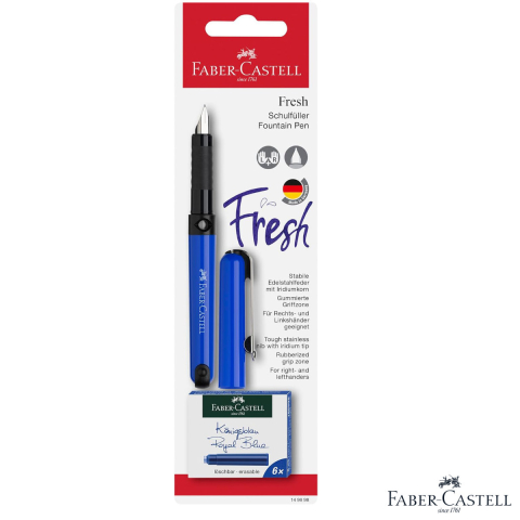 Instrumente de scris - Set Stilou Scolar Faber-Castell Albastru cu 6 Cartuse Cerneala, Penita Rezistenta din Otel, Grip Ergonomic, Dreptaci si Stangaci