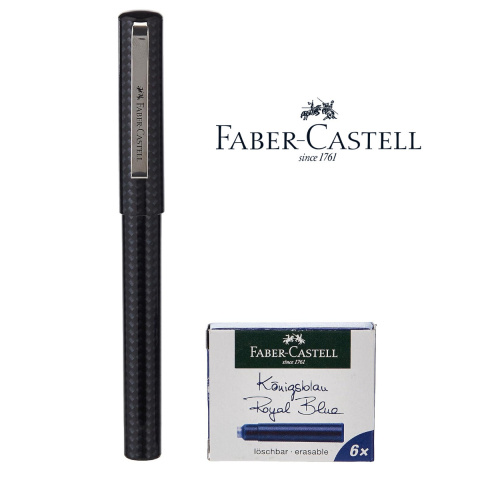 Instrumente de scris - Set Stilou Scolar Faber-Castell Carbon Negru cu 6 Cartuse Cerneala Albastru cu Penita M din Otel, Grip Ergonomic, pentru Dreptaci si Stangaci
