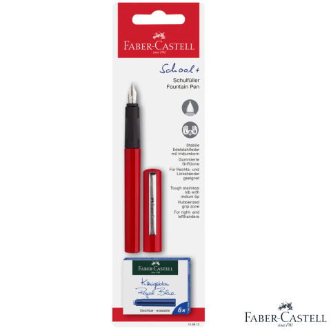 Instrumente de scris - Set Stilou Scolar Faber-Castell Rosu cu 6 Cartuse Cerneala, Penita M Rezistenta din Otel, Grip Ergonomic, pentru Copii, Dreptaci si Stangaci