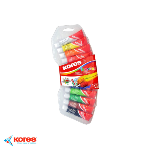 Birotica papetarie - Set tempera Kores, 12 culori pigmentate de 12 ml, pentru scoala si hobby, utilizabil pe hartie, carton si panza