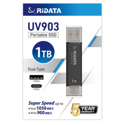 Memorii USB 3.X - SSD Portabil 1TB RIDATA UV903, USB 3.2 Gen2, Viteza 1050 MB/s, pentru Backup, Gaming, Fotografie, cu Interfata Duala USB-C/USB-A