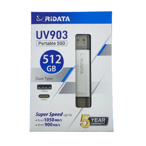 Medii de stocare - SSD Portabil Extern RiDATA UV903, 512GB, Viteza 1050 MB/s, Dual USB-C si USB-A pentru Laptop, PC, Smartphone, Carcasa Argintie Ultra-Compatibila