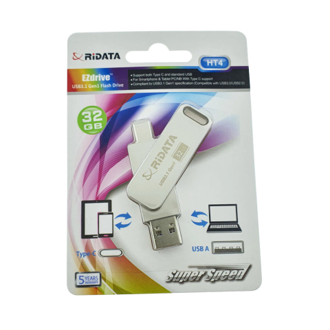 Memorii 32 Gb - Stick USB OTG 32GB Dual USB-C si USB-A Viteza 5Gbps, RiDATA HT4, pentru Telefon, Tableta, PC, Metalic Silver