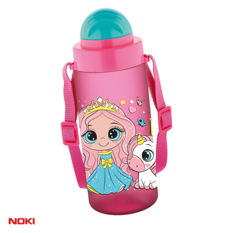 Sticle si recipiente apa - Sticla de apa pentru copii Noki T-0106 Soft Touch din tritan fara BPA, 500 ml, cu pai integrat si curea de transport, culori asortate