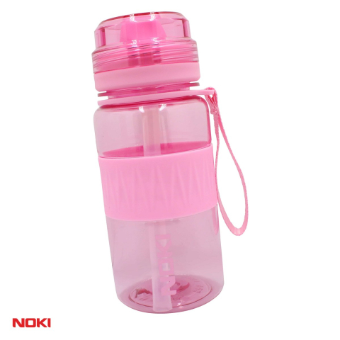 Sticle si recipiente apa - Sticla de apa pentru copii Noki T-0113 din tritan, 400 ml, cu pai integrat, capac flip-top etans, curea de transport, culori asortate