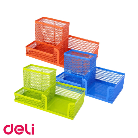Organizatoare si suporturi de birou - Suport birou 3 compartimente din plasa metalica Deli, organizator instrumente de scris pentru birou
