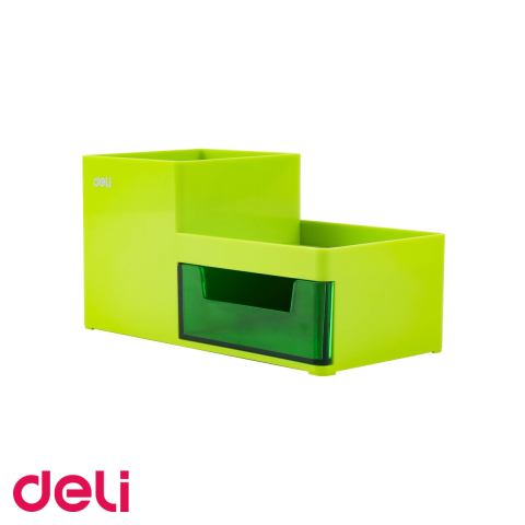 Organizatoare si suporturi de birou - Suport de birou Deli cu 3 compartimente si sertar, organizator pentru instrumente de scris, verde