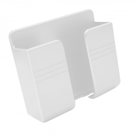 Suport birou - Suport de perete pentru smartphone si alte obiecte, prindere cu banda adeziva, 4 gauri de montare, organizare cabluri, din plastic alb
