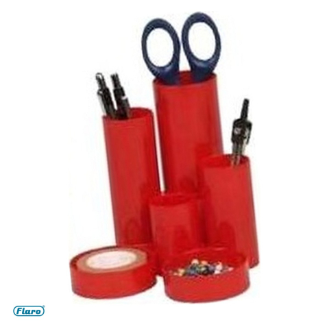 Birotica papetarie - Suport tubular de birou Flaro cu 6 compartimente, din plastic, rosu