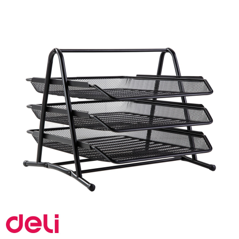 Organizatoare si suporturi de birou - Tavite suprapozabile pentru documente Deli, set 3 niveluri, plasa metalica, pentru birou