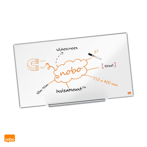 Birotica papetarie - Whiteboard magnetic Nobo Impression Pro Widescreen 32 inch, otel lacuit, montaj ascuns InvisaMount, tavita si marker incluse, 710x400 mm, alb