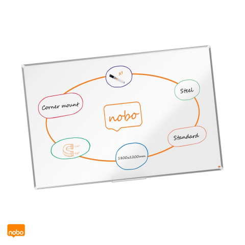 Birotica papetarie - Whiteboard magnetic Nobo Premium Plus, otel lacuit, rama din aluminiu, montare prin colturi, tavita si marker incluse, 120x180 cm, alb