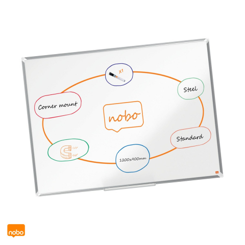 Birotica papetarie - Whiteboard magnetic Nobo Premium Plus, otel lacuit, rama din aluminiu, montare prin colturi, tavita si marker incluse, 90x120 cm, alb