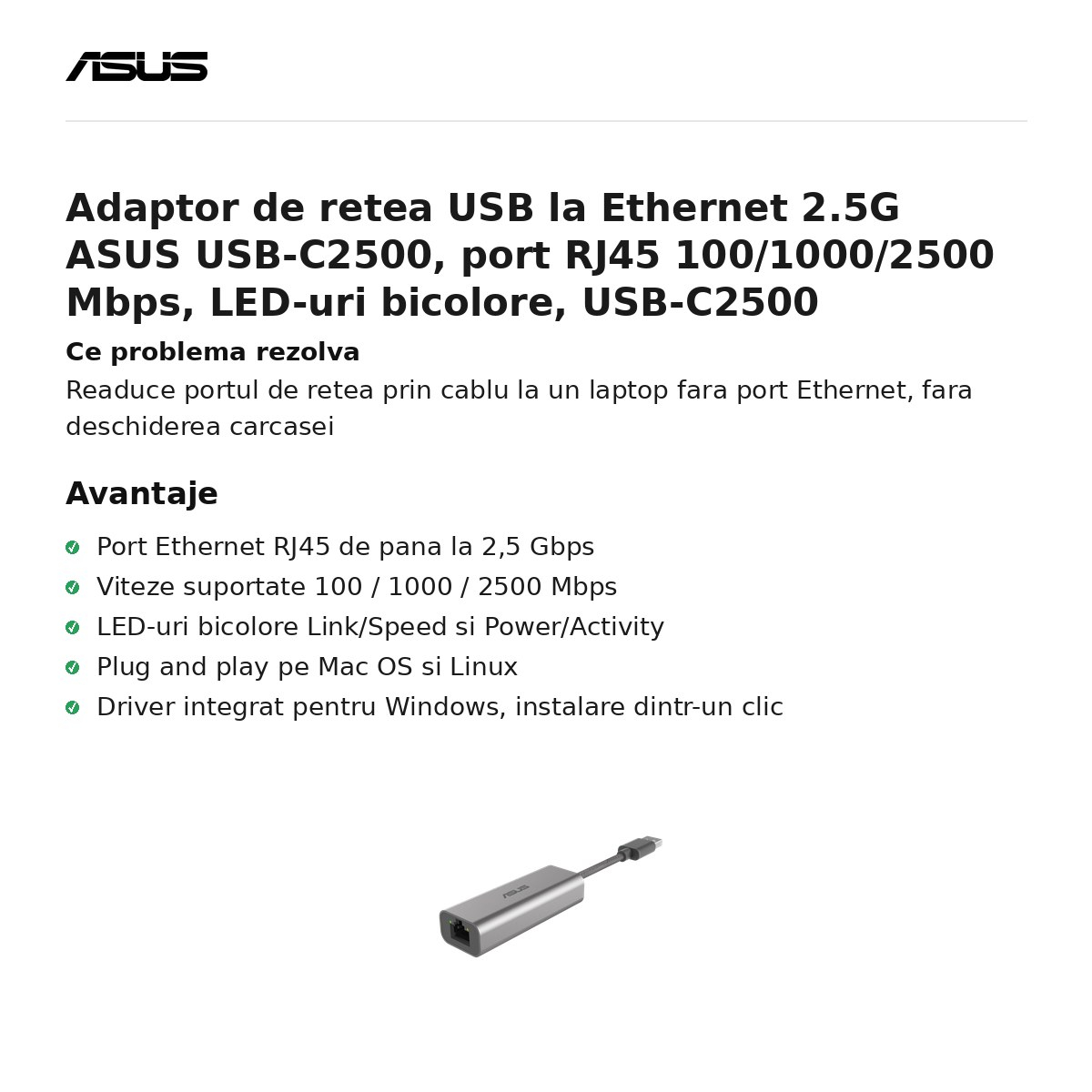 Adaptor de retea USB la Ethernet 2.5G ASUS USB-C2500, port RJ45 100/1000/2500 Mbps, LED-uri bicolore, USB-C2500 [2]