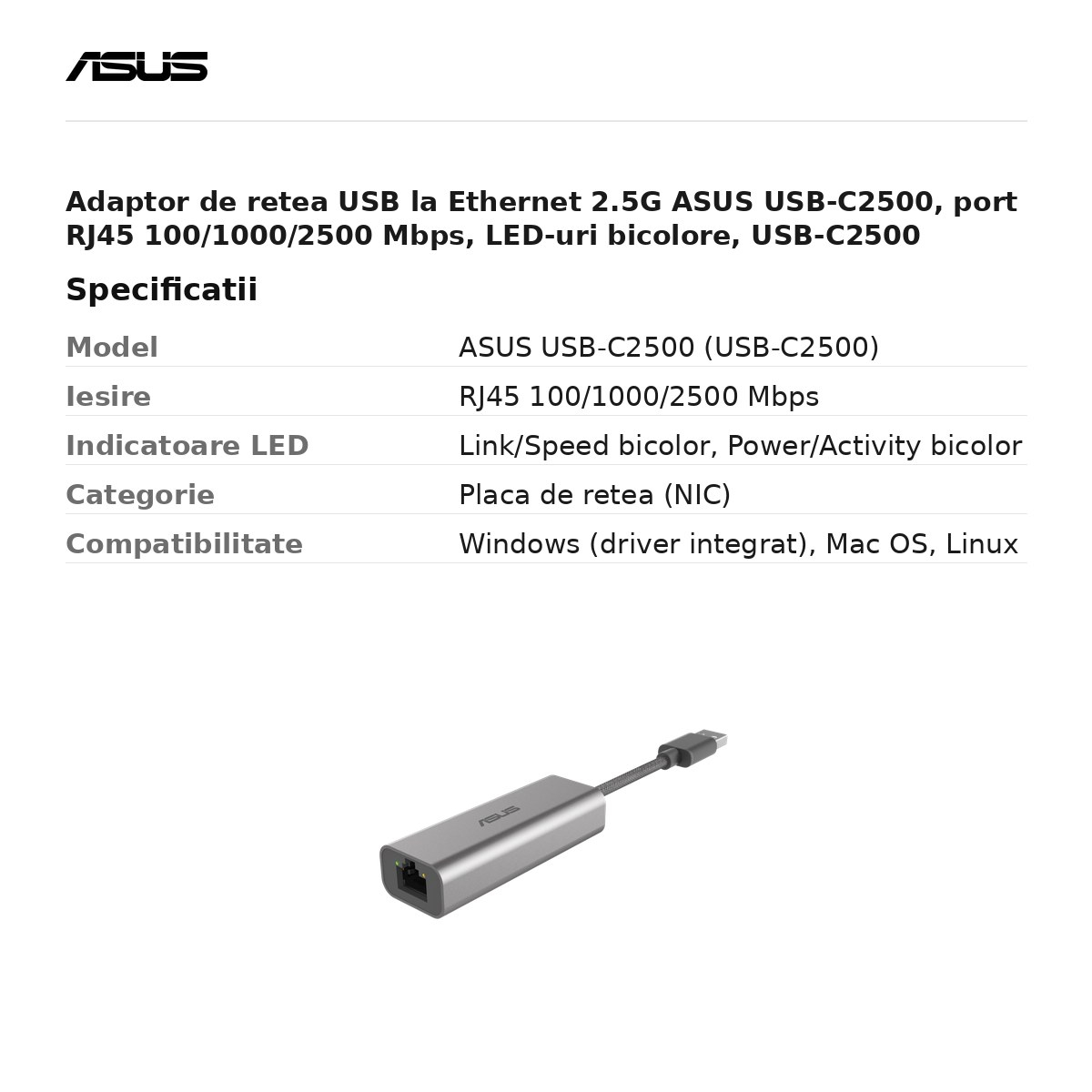 Adaptor de retea USB la Ethernet 2.5G ASUS USB-C2500, port RJ45 100/1000/2500 Mbps, LED-uri bicolore, USB-C2500 [3]